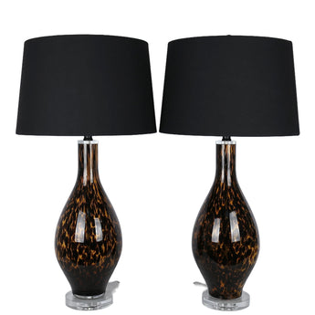 Speckled Glow Art Glass & Crystal Table Lamp (Set of 2) - Black Speckled Amber Art Glass / Clear Crystal