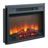 23" black fireplace insert with glowing log flame effect and top control panel, angled view