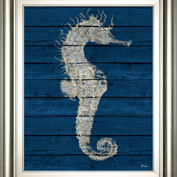 Antique Seahorse On Blue I By Patricia Pinto - Framed Print Wall Art - Blue