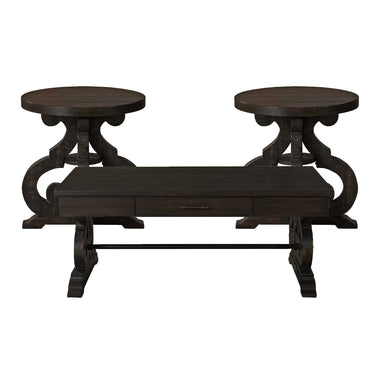 Stone 3-piece occasional set in Smokey Walnut: coffee table with drawer between two round end tables, front view