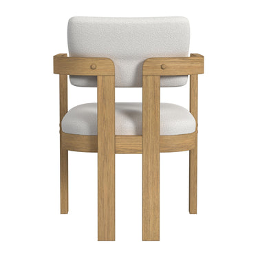 Portland arm chair in natural wood finish with white fabric, back view showing the wraparound arms