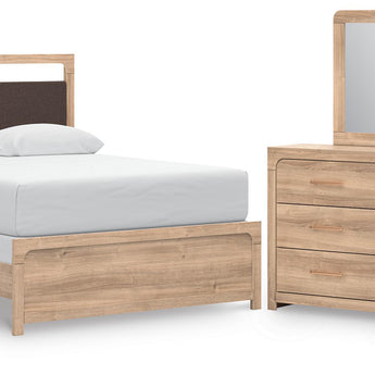 Kinlanni - 3 Pc. - Queen Upholstered Panel Bed, Dresser And Mirror - Tan