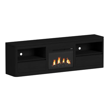 Rosalie 82" TV console in black with fireplace insert, angled view showing open shelves and drawers