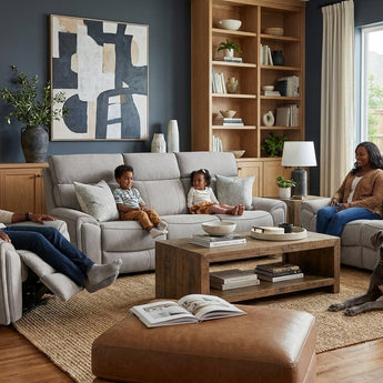Elements International Jackpot - P1 Sofa With Heat Massage - Explore Light Gray styled in a designer-styled interior lifestyle setting at Quality Home Furniture
