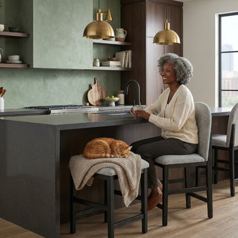 Elements International Portland - Round Back Counter Stool with Grey Fabric styled in a designer-styled interior lifestyle setting at Quality Home Furniture