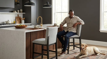 Elements International Portland - Square Back Barstool with Grey Fabric styled in a designer-styled interior lifestyle setting at Quality Home Furniture
