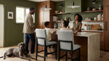 Elements International Portland - Square Back Counter Stool with Grey Fabric styled in a designer-styled interior lifestyle setting at Quality Home Furniture