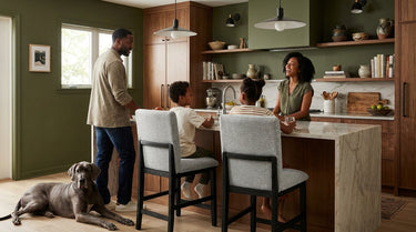 Elements International Portland - Square Back Counter Stool with Grey Fabric styled in a designer-styled interior lifestyle setting at Quality Home Furniture