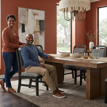 Elements International Ridgemont - Dining Side Chair with Grey Fabric styled in a designer-styled interior lifestyle setting at Quality Home Furniture