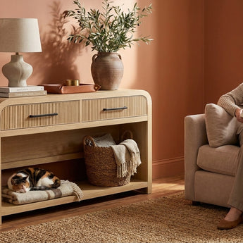 Elements International Ridgemont - Sofa Table with Bottom Shelf styled in a designer-styled interior lifestyle setting at Quality Home Furniture