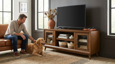 Elements International Santa Barbara - 60" TV Console styled in a designer-styled interior lifestyle setting at Quality Home Furniture