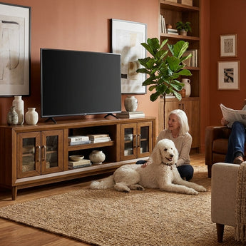 Elements International Santa Barbara - 70" TV Console styled in a designer-styled interior lifestyle setting at Quality Home Furniture