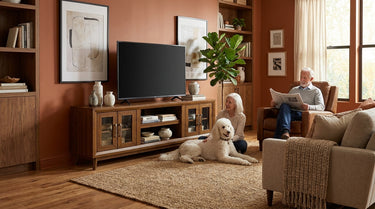 Elements International Santa Barbara - 70" TV Console styled in a designer-styled interior lifestyle setting at Quality Home Furniture