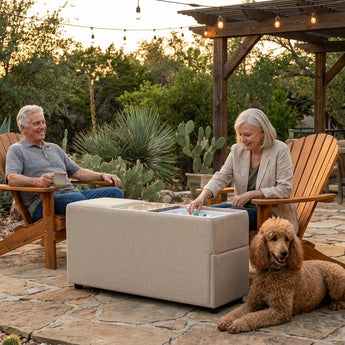 Elements International Zandara - Modular Console with Speaker and Cooler - Olefin Beige styled in an outdoor patio lifestyle setting at Quality Home Furniture