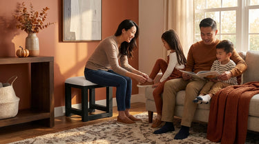 Elements International Ridgemont - Dressing Stool with White Fabric styled in a designer-styled interior lifestyle setting at Quality Home Furniture