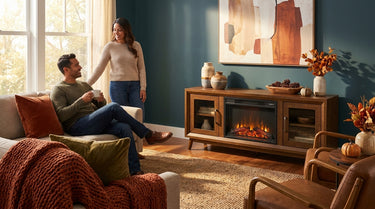 Elements International Santa Barbara - 60" TV Console in Walnut w/23" Fireplace Insert styled in a designer-styled interior lifestyle setting at Quality Home Furniture