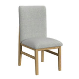 Portland side chair in natural wood finish with gray fabric upholstery, angled front view