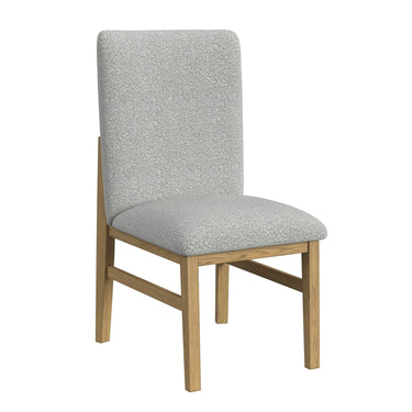 Portland side chair in natural wood finish with gray fabric upholstery, angled front view
