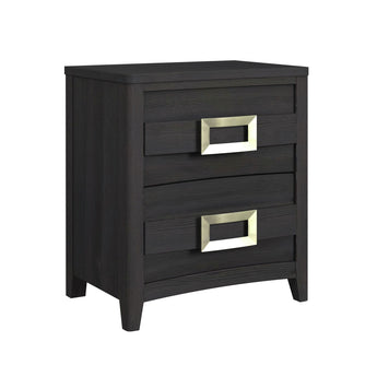 Tobias 2-drawer nightstand in black, angled front view showing horizontal slat drawer fronts and rectangular metal pulls