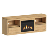 Rosalie 71" TV console in Natural, angled view with black fireplace insert, open shelves and drawers