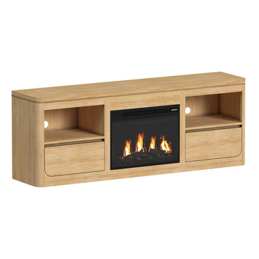 Rosalie 71" TV console in Natural, angled view with black fireplace insert, open shelves and drawers