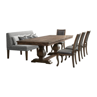 Gramercy 6 piece dining set with pedestal table, geometric print settee and four rectangle back chairs