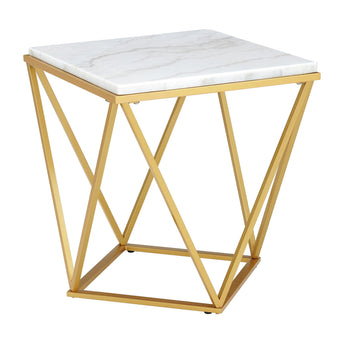 Riko square end table with white marble top and gold geometric metal base, angled view