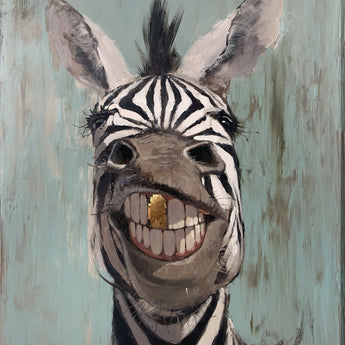 "Cheerful Stripes" Hand-Embellished Wrapped Canvas - Brown / White / Blue