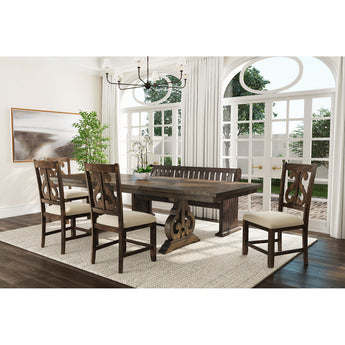 Stone - Juego de comedor de 6 piezas, mesa, 4 sillas laterales de madera con respaldo en espiral y banco - Color carbón