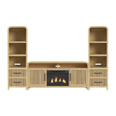 Ridgemont 4-piece entertainment unit in Natural, front view with fireplace insert in console between two side piers