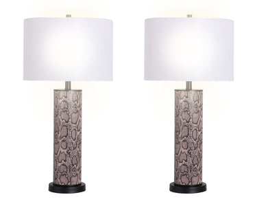 "Serpent Elegance" Faux Leather Table Lamp With Metal Base (Set of 2) - Snake Skin / Asb Gray