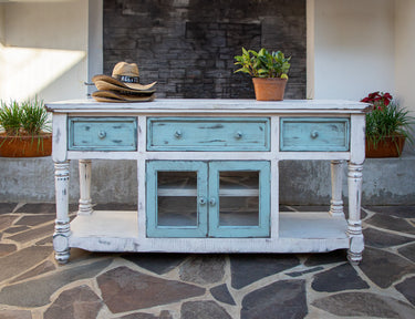 Aruba - Mueble de TV/Consola con 3 cajones y 2 puertas - Blanco roto/Azul cielo