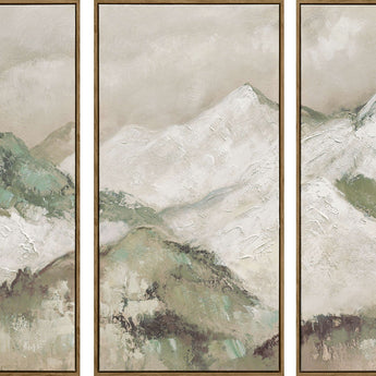 Sage Summit - 60 X 40 - Hand-Embellished Canvas Triptych In Frame - Ivory, Sage Green, Beige
