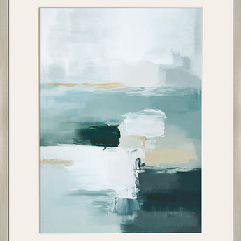 "Tranquil Horizons II" Framed Canvas Under Acrylic - Teal / Beige / Ivory