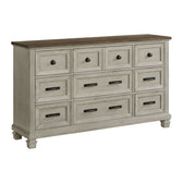 Farmington 9-drawer dresser in washed stone with medium brown top, angled view on white background