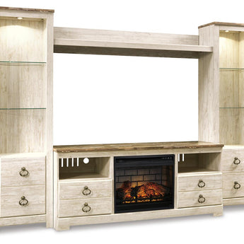 Willowton - Entertainment Center - TV Stand With Faux Firebrick Fireplace Insert - Whitewash