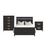 Tobias black 3 piece bedroom set: LED headboard bed, 5-drawer chest and 2-drawer nightstand, front view