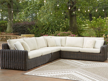 Kimora - 7 piezas - Seccional de exterior de 4 piezas, sillón giratorio, mesa de cóctel y mesa auxiliar - Beige/Marrón oscuro