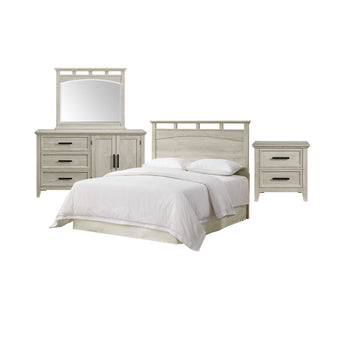 Matias bedroom set in white: queen/full headboard with bed, dresser with arched mirror, and two-drawer nightstand, front view