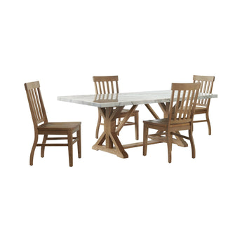 Lakeview dining set angle view: white marble rectangular table, natural wood trestle base and four slat back chairs