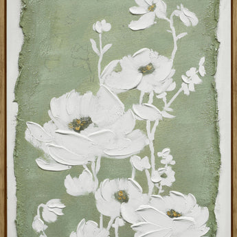 "Blossom Serenity II" Hand-Embellished Canvas In Frame - Green / White / Natural Wood