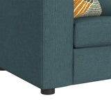 Track arm and black leg detail on the Options One teal sectional