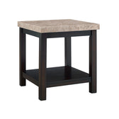 Kansas square end table, angled view, beige marble top, dark espresso brown legs and lower shelf