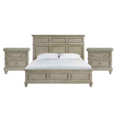 Whit-Ash light grey panel bed with three-panel headboard between two 2-drawer nightstands, front view