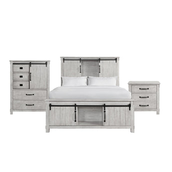 Scott white platform storage bed with sliding-door chest and one nightstand, front view