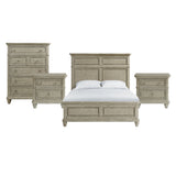 Whit-Ash light grey five-drawer chest, two nightstands and bed with two-panel headboard, front view