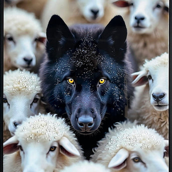 Midnight Among Sheep Gloss Canvas With Rocks In Frame - Black / White