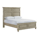 Whit-Ash queen panel bed in light gray, angled view showing headboard panels and bun feet