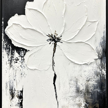 "Monochrome Blossom" Hand-Painted Canvas In Frame - White / Gray