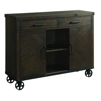 Colorado server in dark brown, angled view with two drawers, two chevron doors and open center shelves